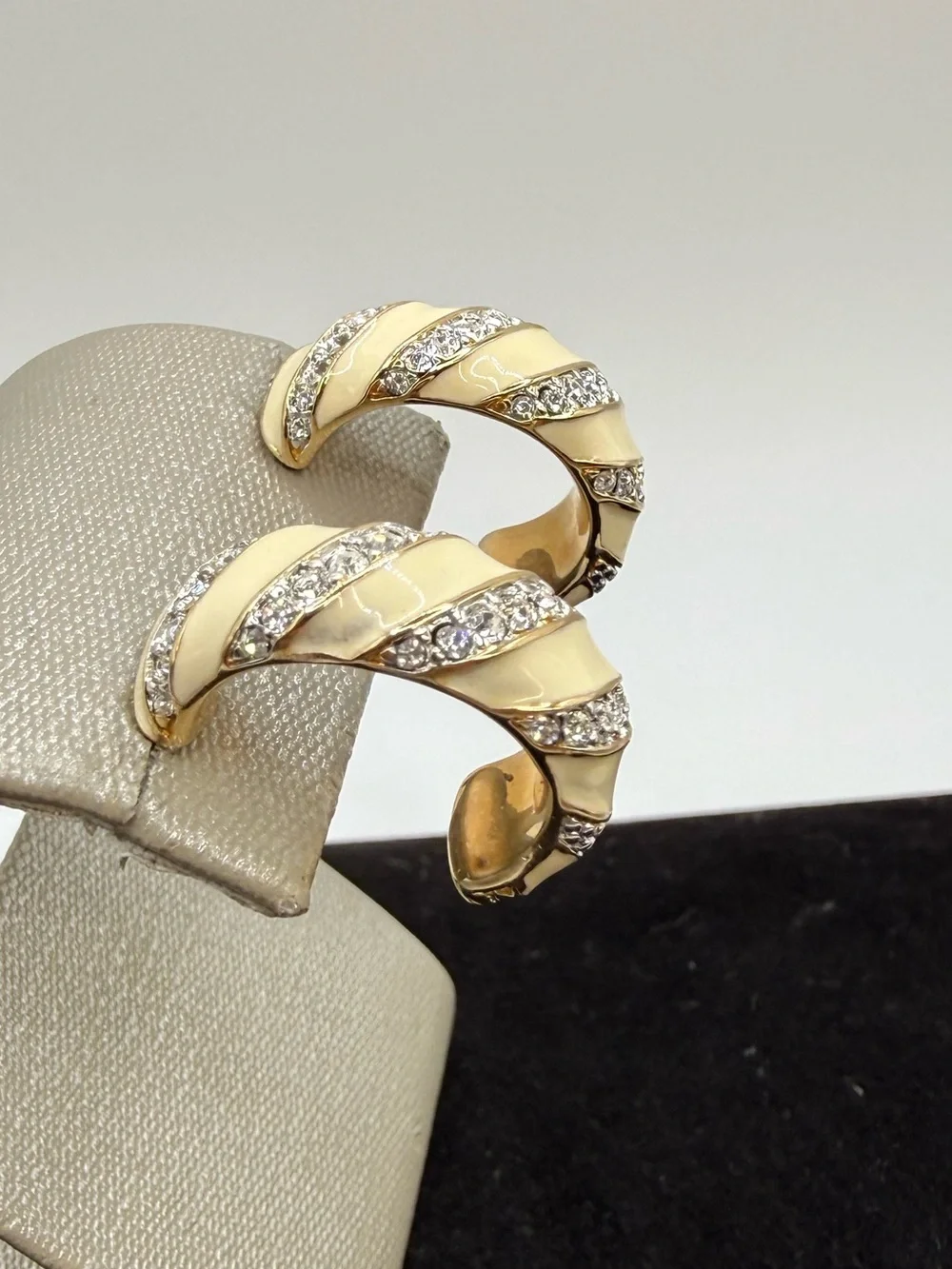 Vintage Swarovski Cream Enamel Clear Crystal Gold Tone Hoop Earrings